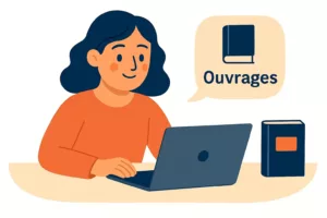Illustration d’une jeune femme gérant la section « Ouvrages » de son site web, concentrée devant son ordinateur portable.