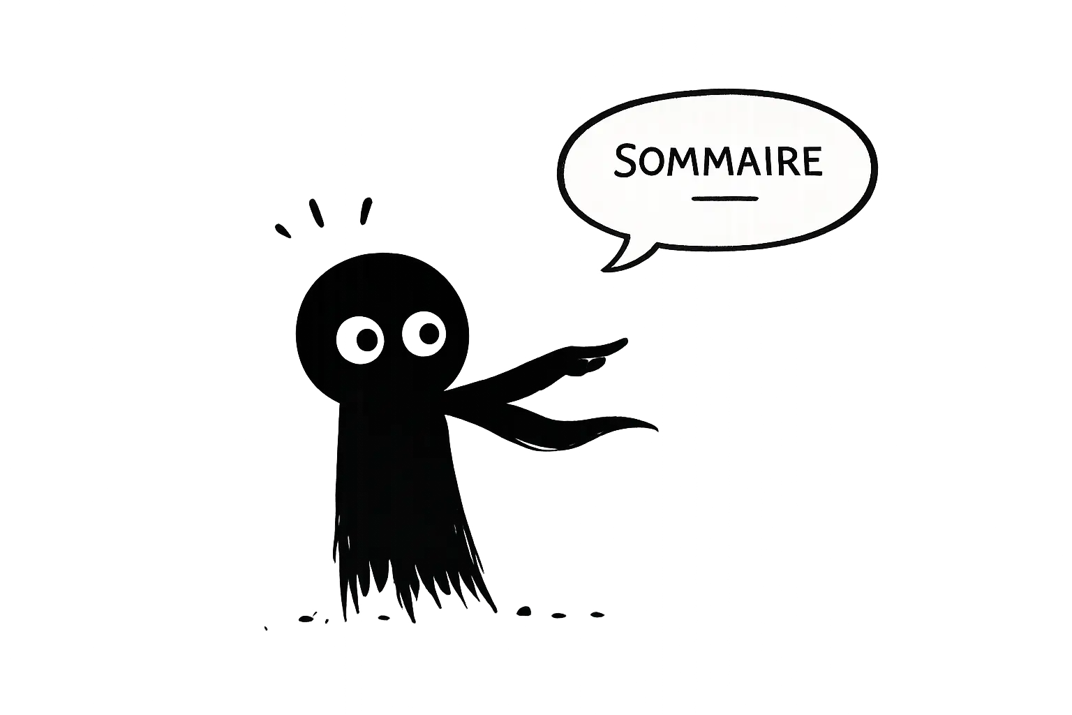 Kiro, mascotte minimaliste noire aux yeux blancs pointant un sommaire dans une bulle