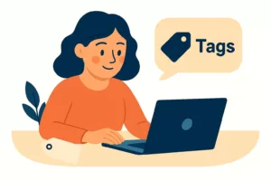Illustration d’une jeune femme gérant les étiquettes (tags) de son site web d’écrivaine, concentrée devant son ordinateur.