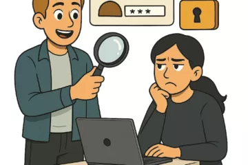 Illustration 2D de style cartoon montrant deux personnages cherchant des identifiants, l’un tenant une loupe et l’autre assis devant un ordinateur portable, sur fond blanc.