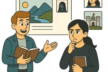 Illustration numérique montrant deux personnes consultant une page web avec des images et croquis liés à un roman, sur fond blanc.