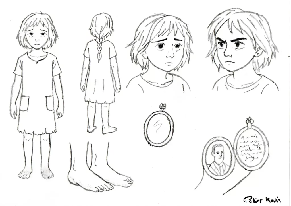 Croquis en noir et blanc d’une fillette triste et en colère, avec vues de face, dos et détails, réalisé par Potier Kevin.