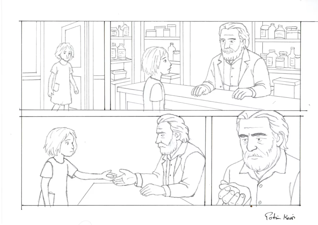 Planche de croquis par Potier Kevin montrant la rencontre entre Gustave, le marchand de réalités, et une fillette, dans une boutique mystérieuse.