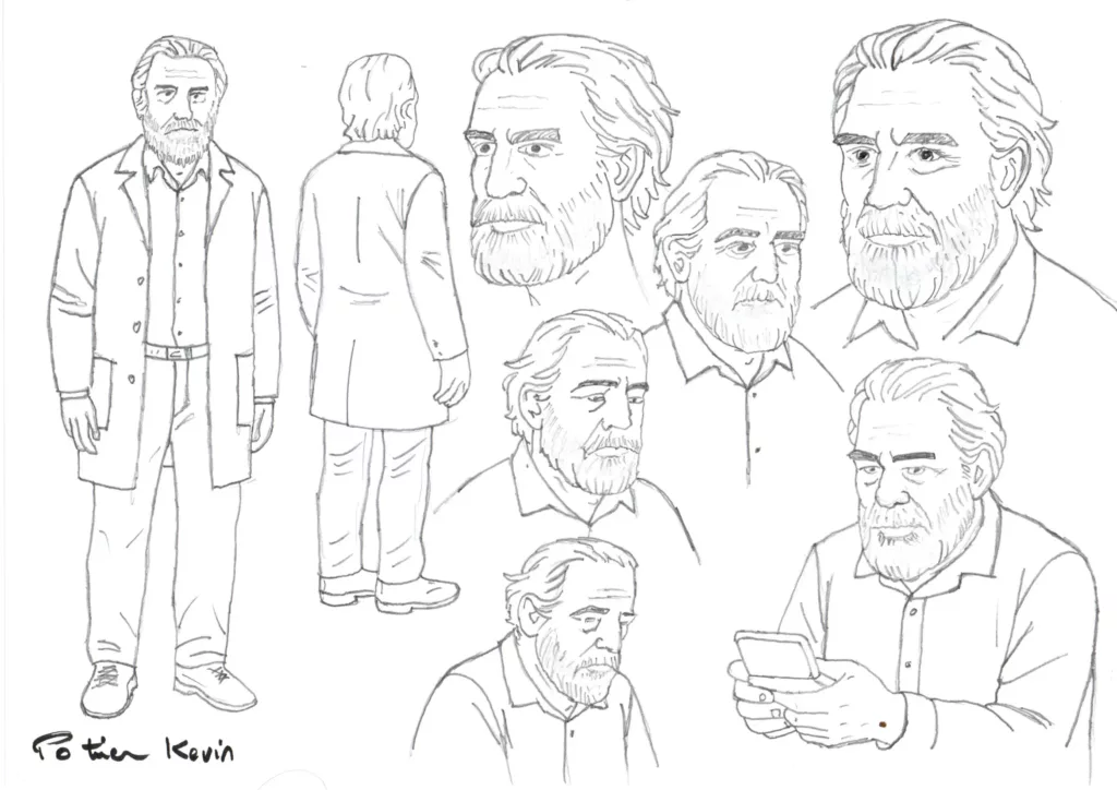 Croquis de Gustave, le marchand de réalités, homme âgé barbu dessiné par Potier Kevin avec différentes poses et expressions.