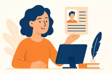 Illustration vectorielle d’une femme souriante avec des cheveux ondulés bleu foncé tenant une fiche d’identité, assise à un bureau avec un ordinateur, une plume et des livres, style flat design.