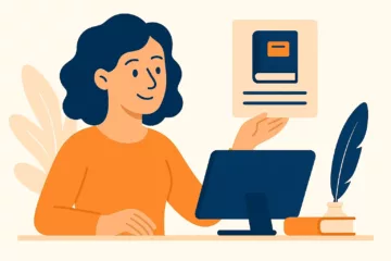 Femme souriante consultant une fiche de livre sur ordinateur dans un décor minimaliste et calme.