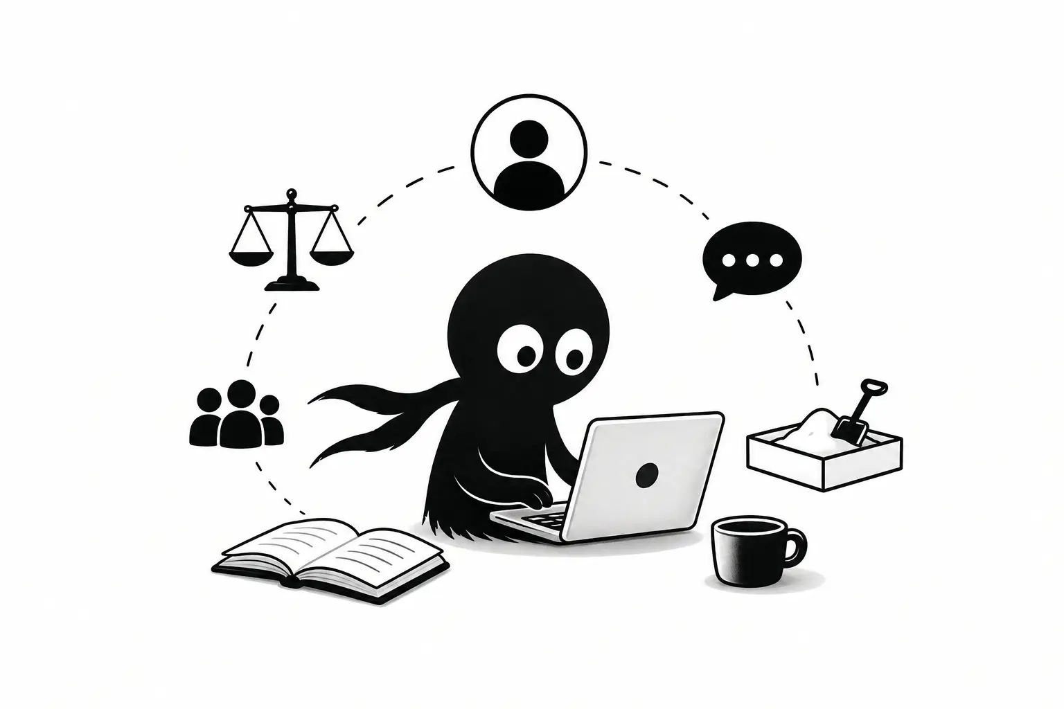Kiro découvre les règles de contribution Wikidata sur ordinateur dans un espace minimaliste avec icônes de profil, neutralité, discussion et bac à sable