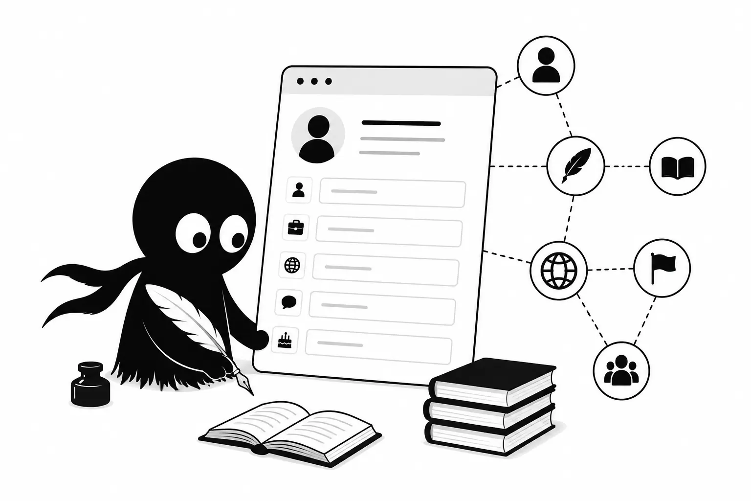 Kiro crée une fiche auteur Wikidata avec plume, profil biographique et propriétés d’identité reliées dans un graphe de connaissances