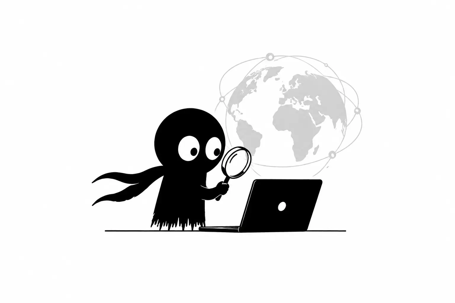 Kiro examine les identifiants d’auteur sur un ordinateur avec une loupe devant un globe symbolisant la visibilité littéraire internationale.
