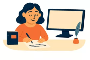 Illustration d’une autrice écrivant à son bureau avec un ordinateur et une plume, symbolisant la création du statut d’auteur.