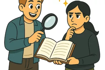 Illustration montrant deux personnes explorant un livre avec une loupe, sur fond blanc, symbole de découverte littéraire.