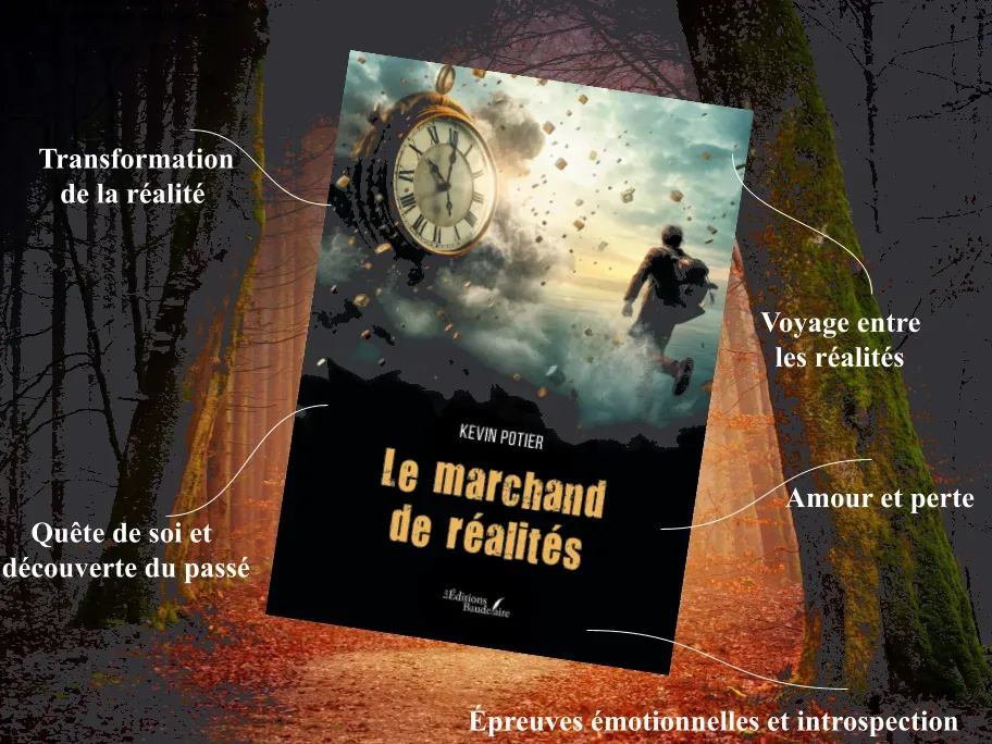 Couverture du livre "Le marchand de réalités" de Kevin Potier, représentant une scène fantastique avec une grande horloge suspendue dans les airs et un homme courant vers une lumière au loin.
