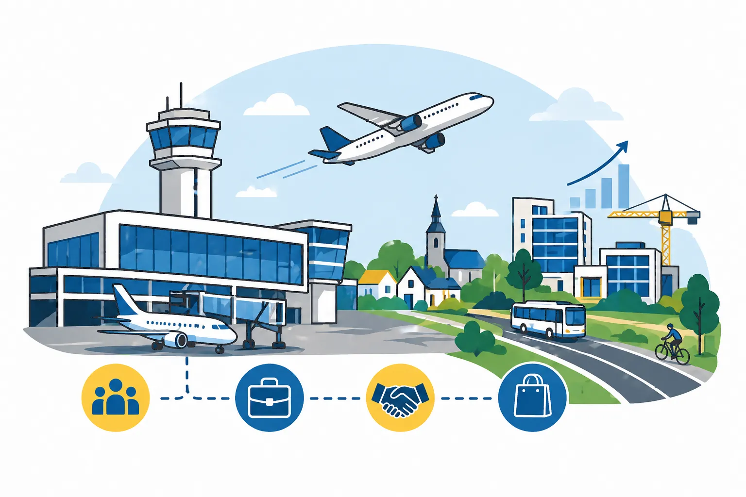 Illustration de l’aéroport de Lille-Lesquin avec avion, terminal et développement urbain