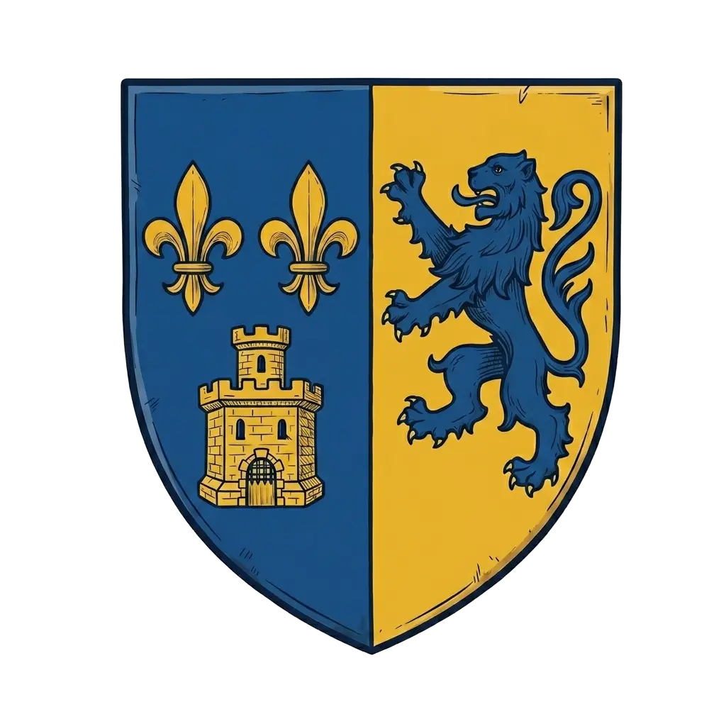 Blason de famille héraldique bleu et or avec fleurs de lys, tour et lion dressé