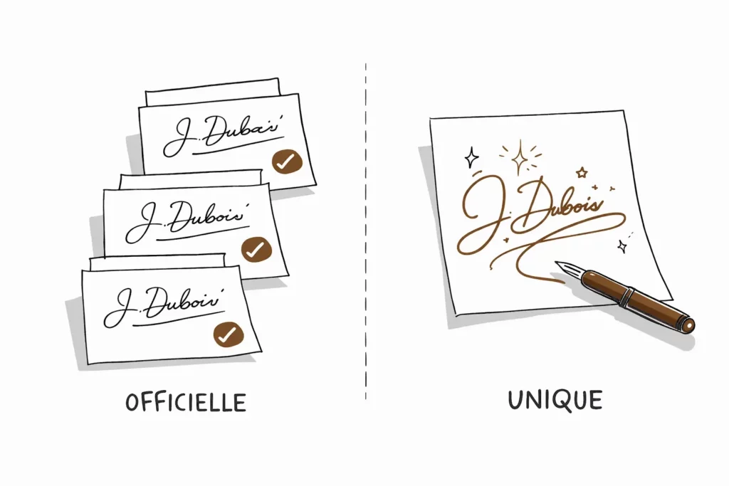 Illustration comparant signature officielle et signature personnalisée unique pour auteur