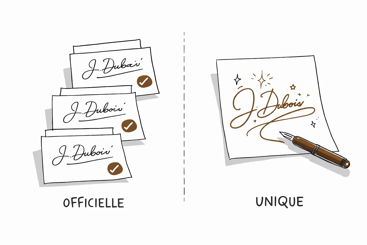 Illustration comparant signature officielle et signature personnalisée unique pour auteur