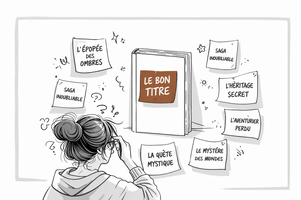 Illustration du choix du titre d’un livre avec plusieurs idées et réflexion de l’auteur