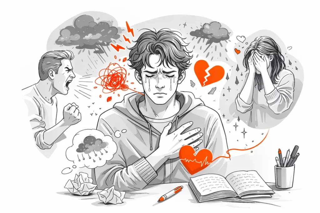 Illustration en noir et blanc d’un jeune homme en détresse émotionnelle avec des symboles de stress, colère et cœur brisé en orange
