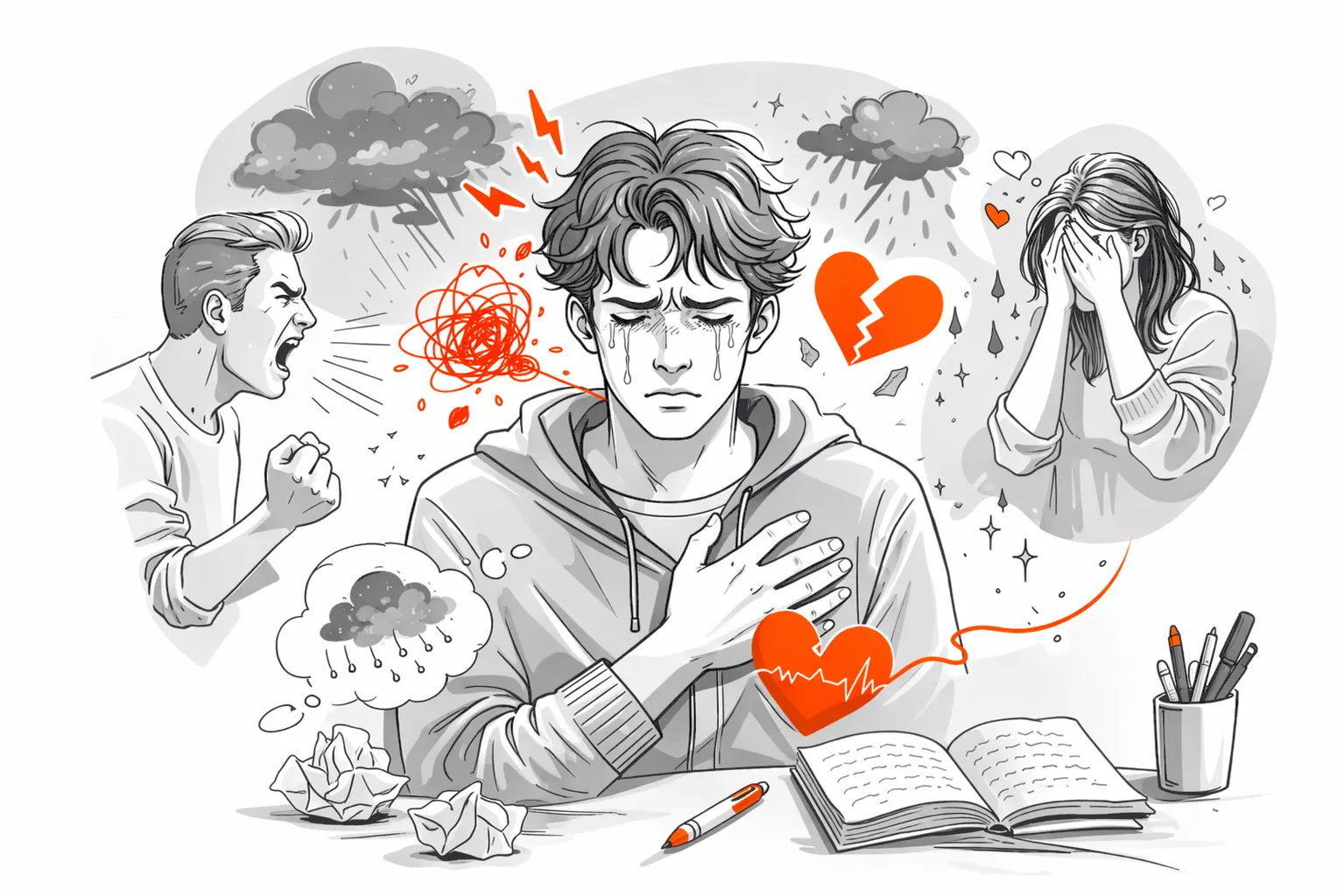 Illustration en noir et blanc d’un jeune homme en détresse émotionnelle avec des symboles de stress, colère et cœur brisé en orange