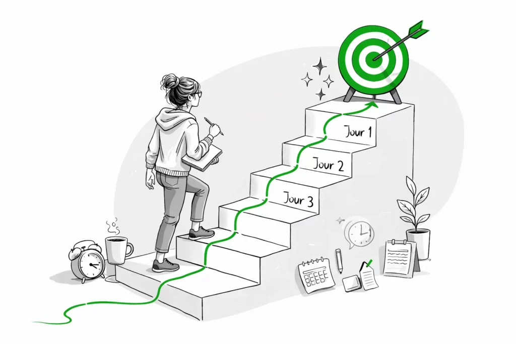 Illustration d’une femme montant des marches étape par étape pour construire une routine d’écriture régulière avec un objectif atteint au sommet