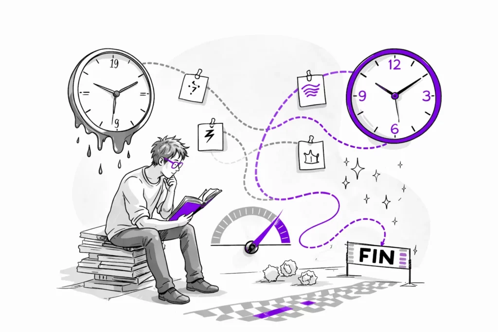Illustration du rythme narratif avec gestion du temps et progression vers la fin d’un récit
