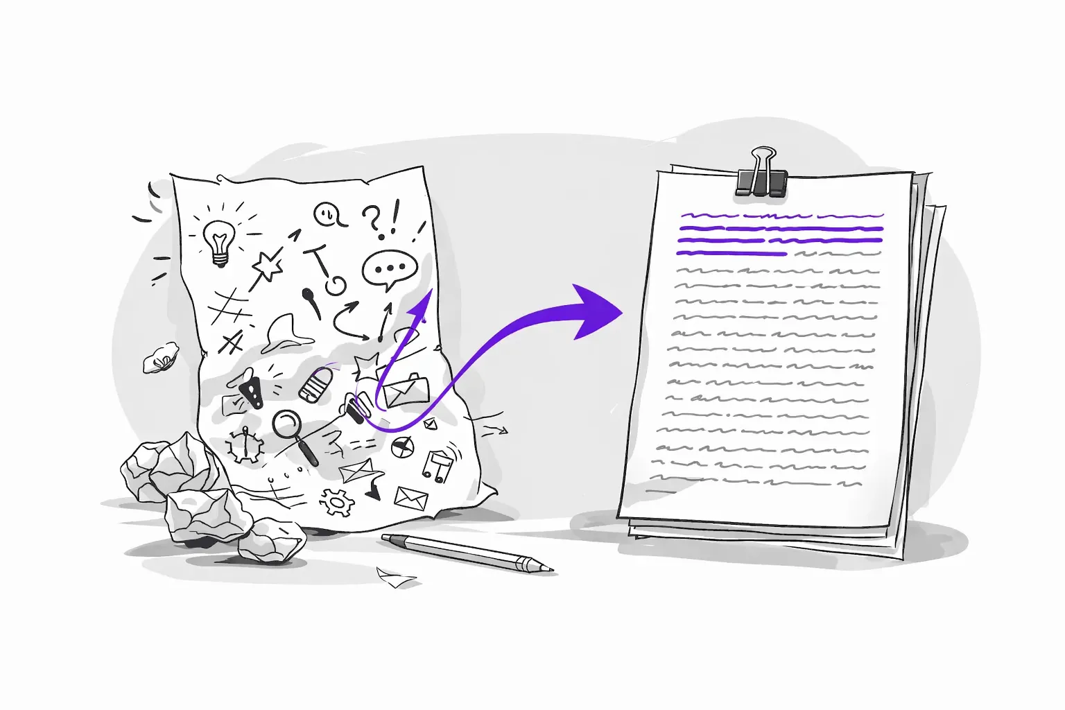 Illustration du passage d’une idée brouillon à un texte structuré et finalisé