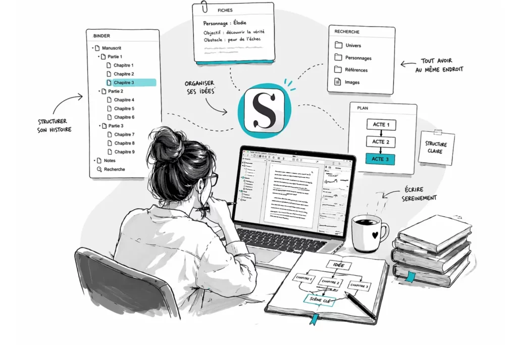 Illustration d’une autrice utilisant Scrivener pour organiser son roman avec chapitres, fiches personnages et plan narratif