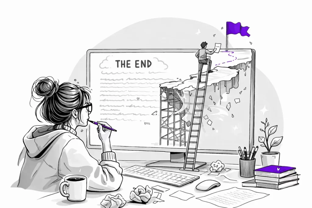 Illustration d’un auteur construisant la fin de son roman avec progression vers un dénouement final