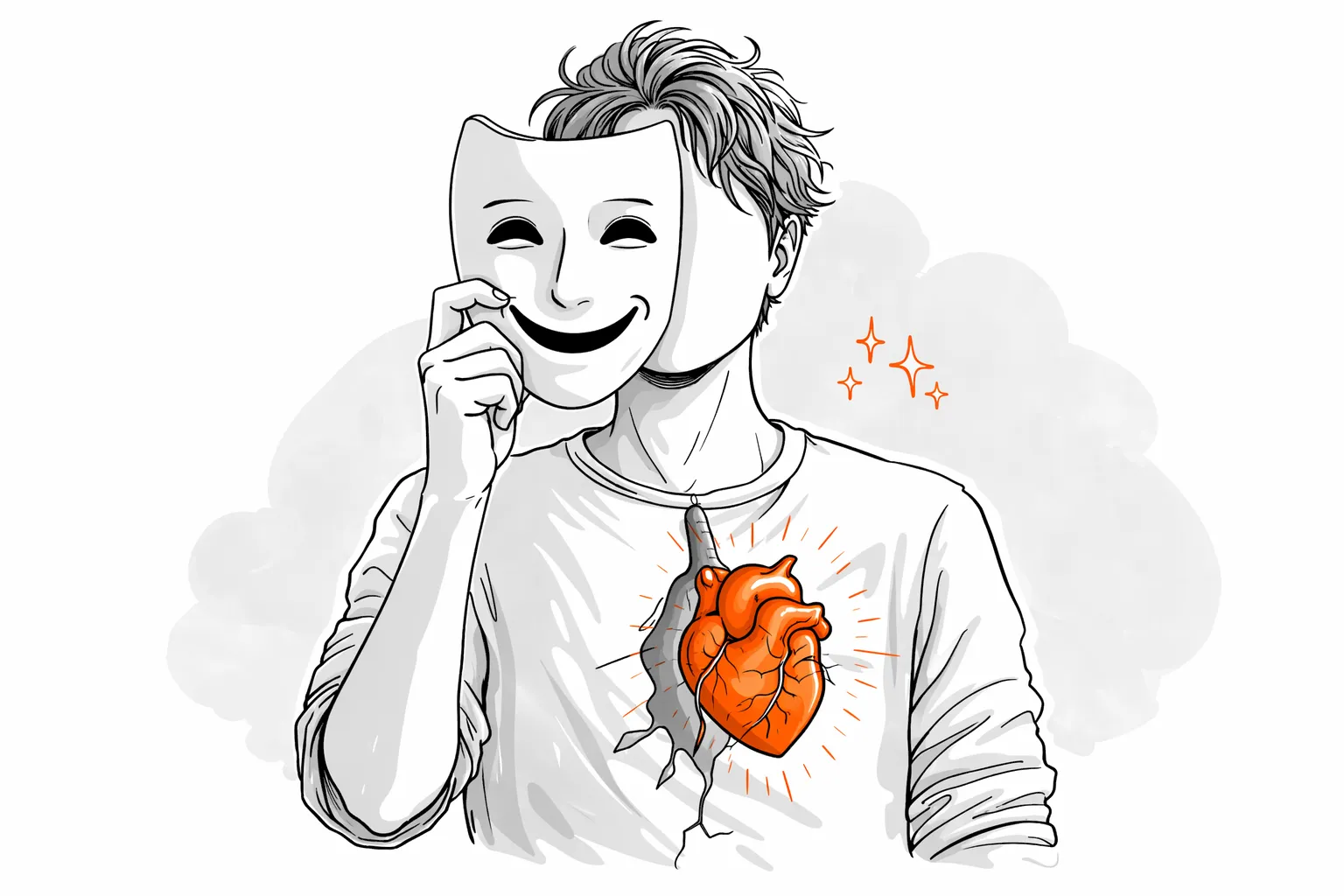 Illustration d’une personne tenant un masque souriant devant son visage avec un cœur anatomique orange visible dans la poitrine symbolisant la douleur émotionnelle