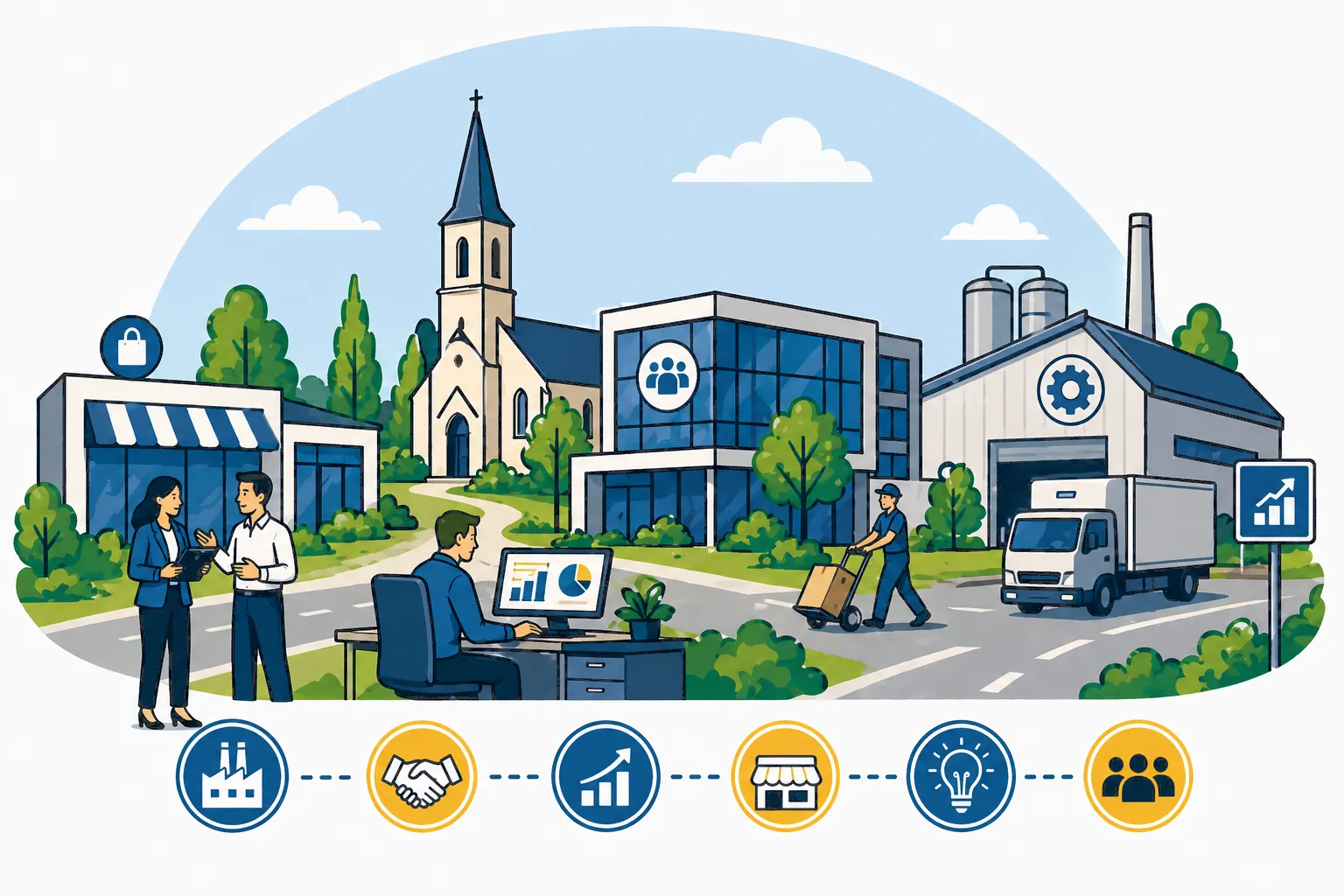 Illustration d’entreprises et d’activités économiques dans une ville moderne