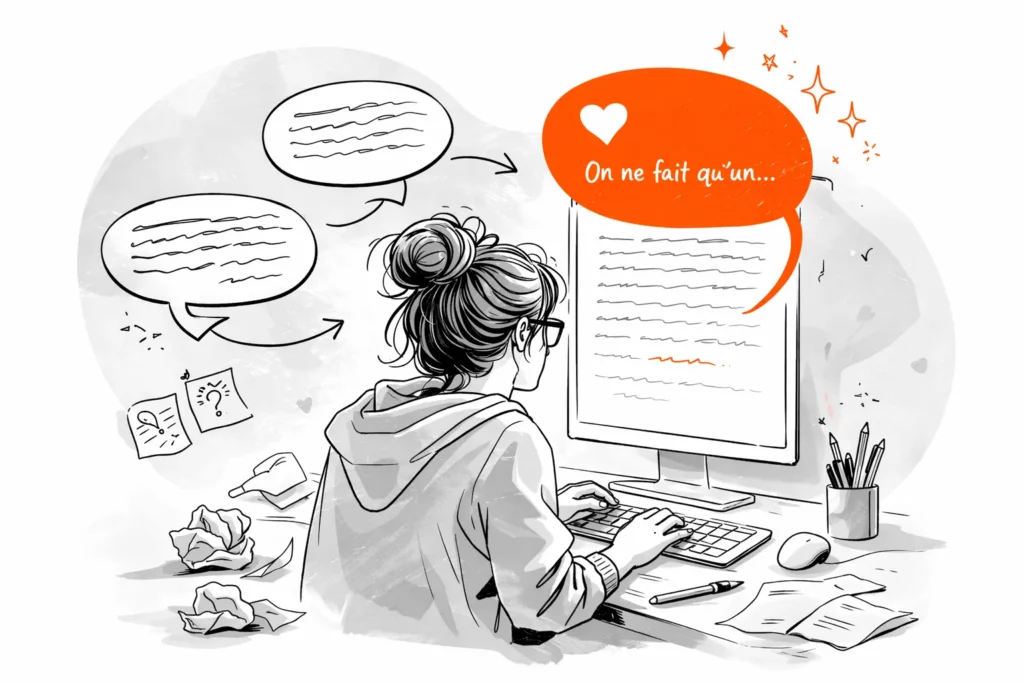 Illustration d’une personne écrivant un dialogue sur ordinateur avec des bulles de conversation et un message en orange symbolisant la narration et l’écriture créative