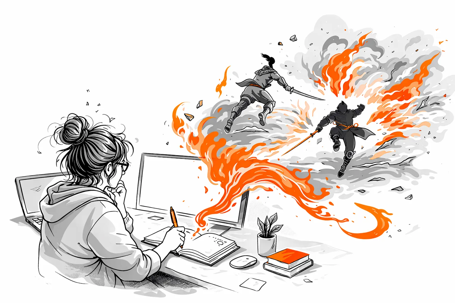 Illustration d’une personne écrivant une scène d’action avec des personnages combattant dans des flammes orange sortant de son imagination