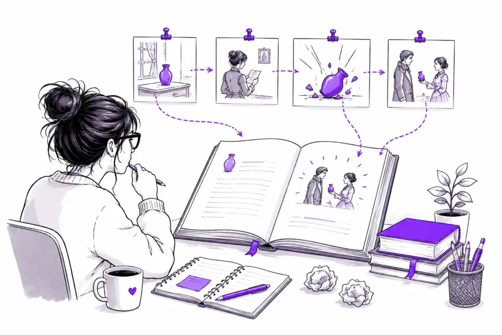 Illustration du principe du fusil de Tchekhov en littérature : une autrice relie des éléments narratifs d’une histoire à leur utilité future dans le récit.
