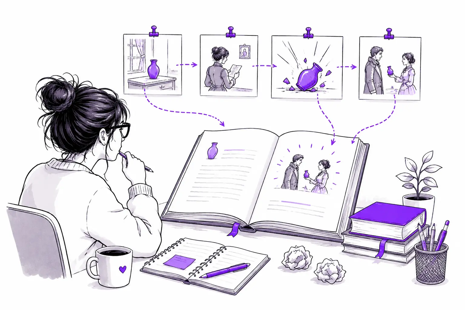 Illustration du principe du fusil de Tchekhov en littérature : une autrice relie des éléments narratifs d’une histoire à leur utilité future dans le récit.