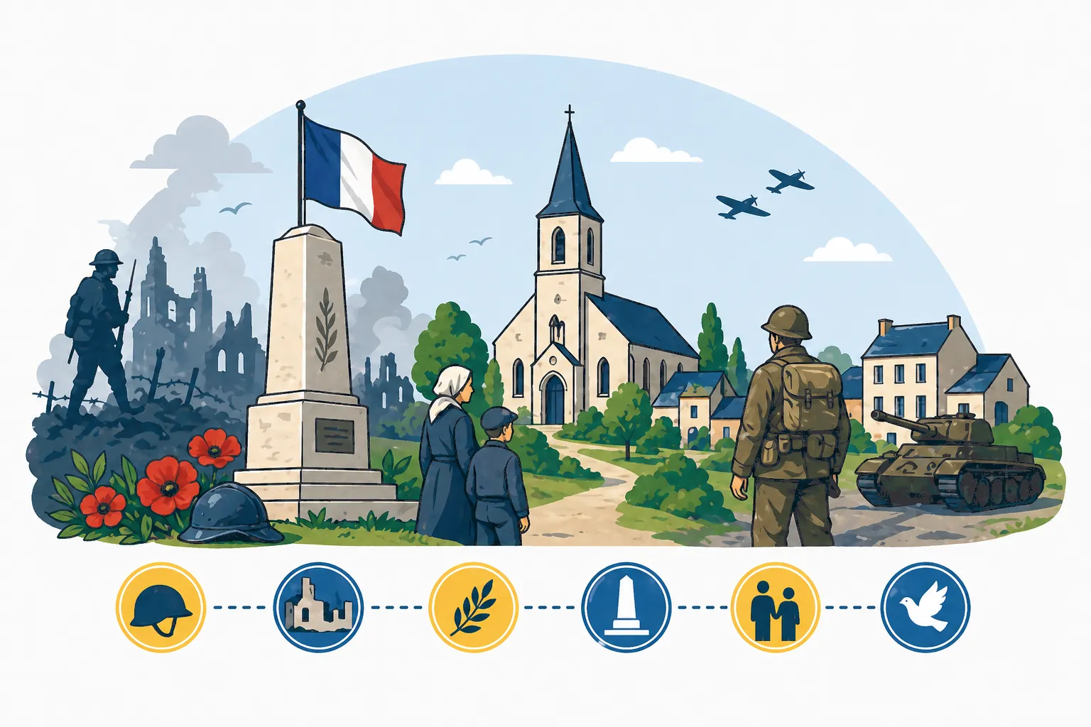 Illustration commémorative avec monument aux morts et soldats dans un village