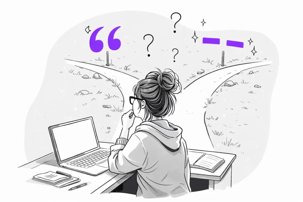 Illustration d’un choix entre guillemets et tirets pour écrire des dialogues en français