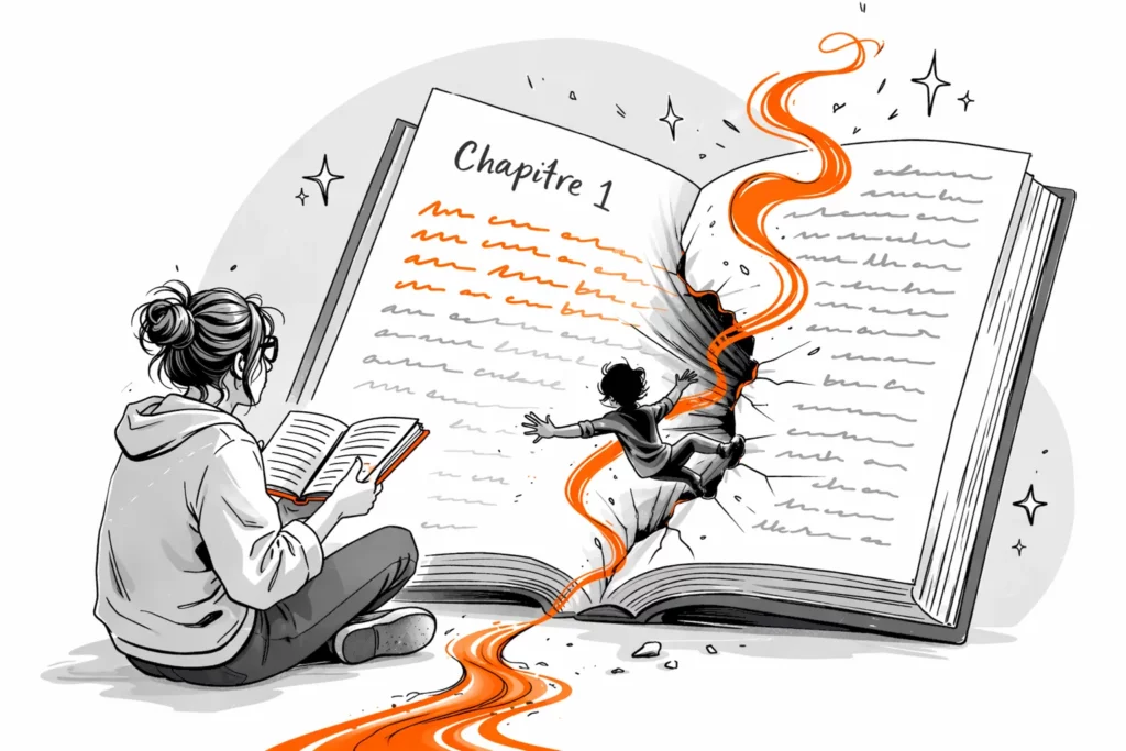 Illustration d’une personne lisant un livre où un personnage sort des pages avec une énergie orange symbolisant une histoire immersive