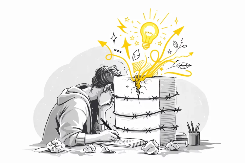 Illustration du blocage d’écriture avec créativité qui émerge malgré les limites et la frustration de l’auteur