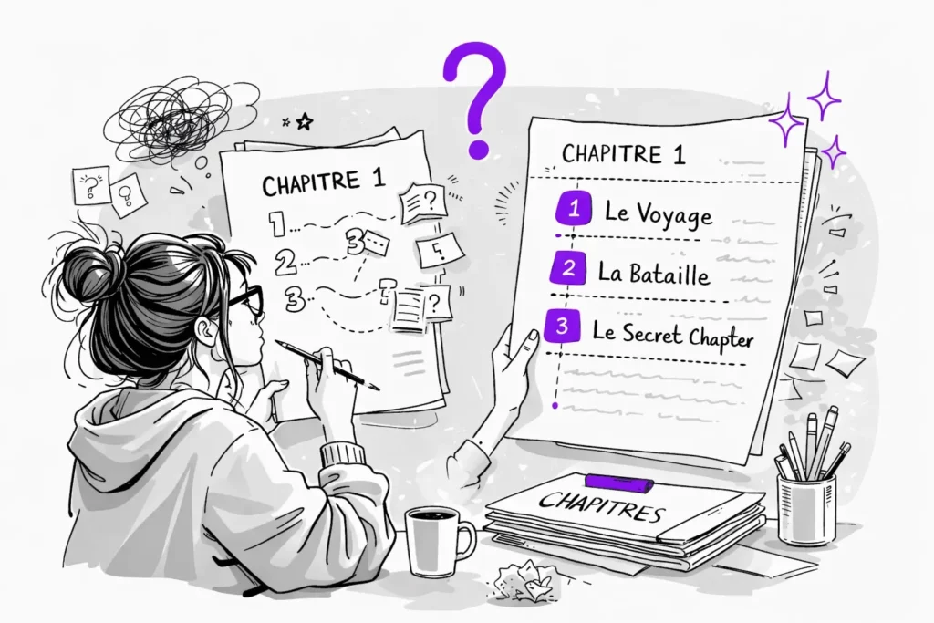 Illustration d’un auteur organisant les chapitres d’un livre avec numérotation et titres
