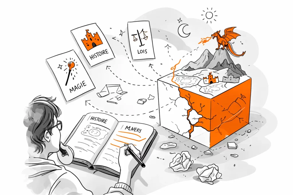 Illustration d’un écrivain construisant un univers de fiction avec magie, histoire et lois représentés autour d’un monde imaginaire et d’un dragon