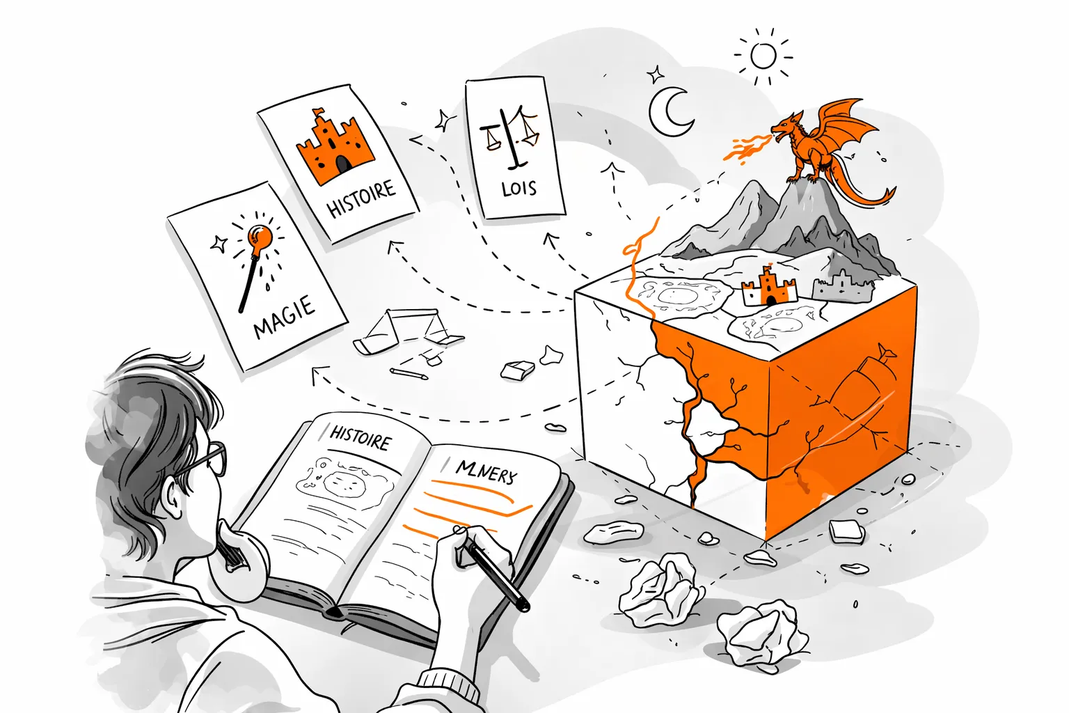 Illustration d’un écrivain construisant un univers de fiction avec magie, histoire et lois représentés autour d’un monde imaginaire et d’un dragon