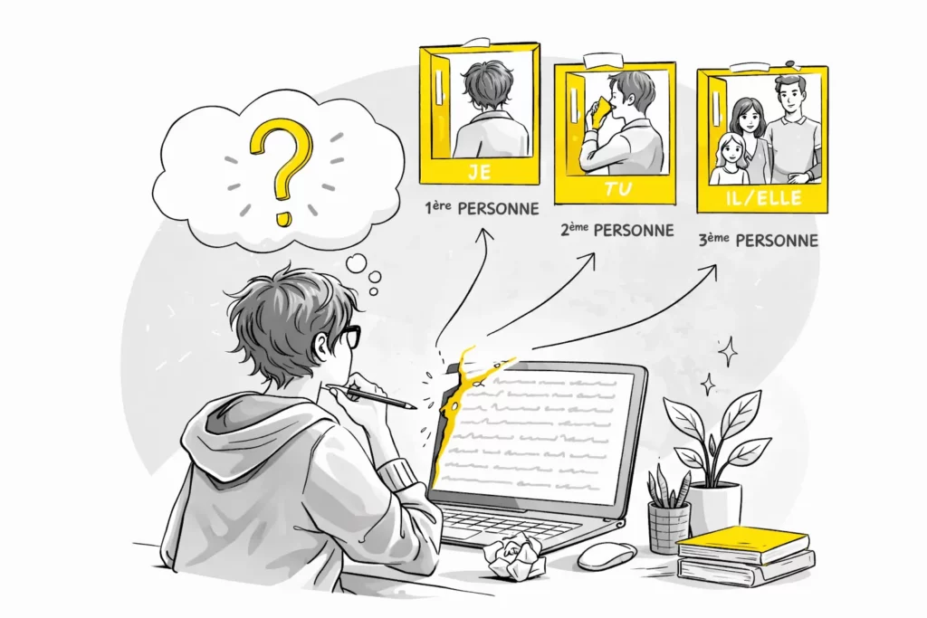 Illustration des points de vue narratifs avec première, deuxième et troisième personne en écriture