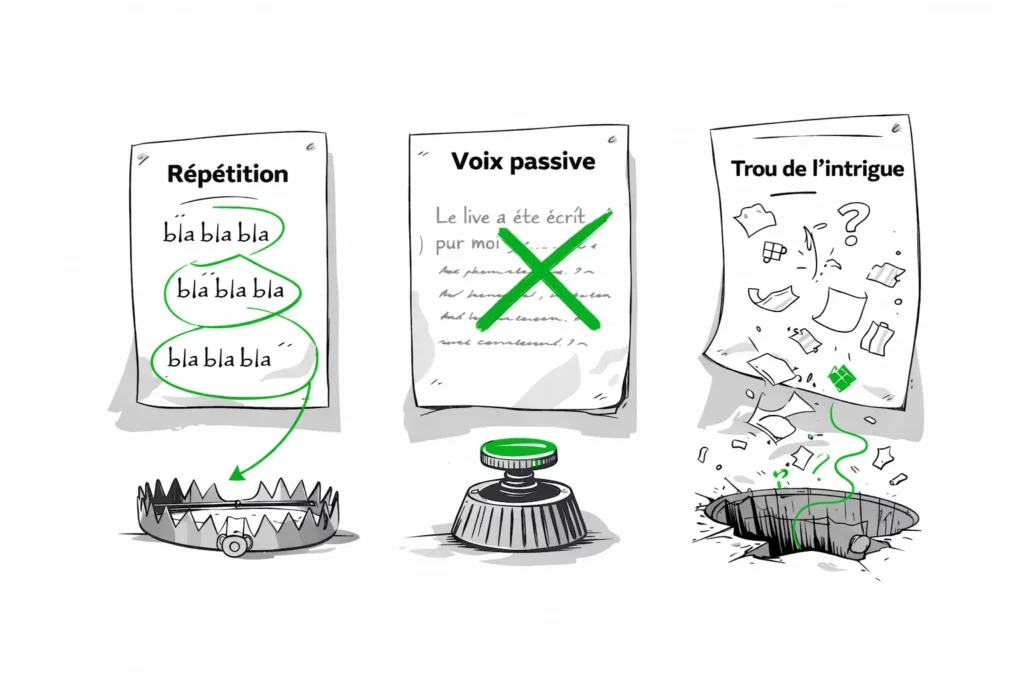 Illustration des erreurs courantes en écriture avec répétitions, voix passive et trous dans l’intrigue