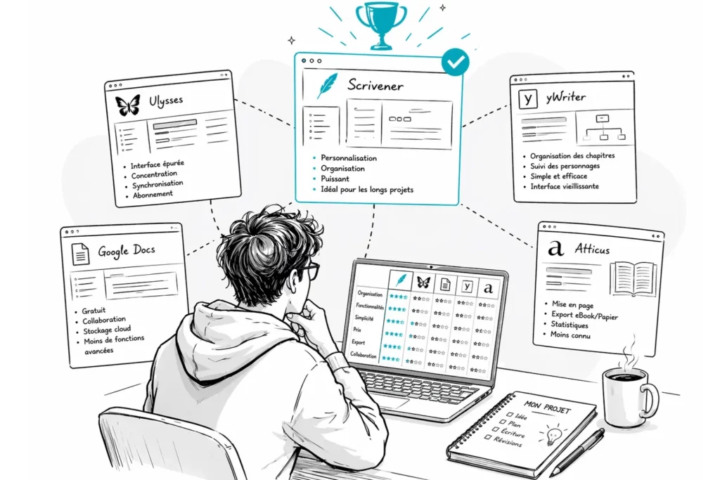 Illustration comparant plusieurs logiciels d’écriture pour auteurs avec Scrivener, Ulysses, yWriter, Atticus et Google Docs