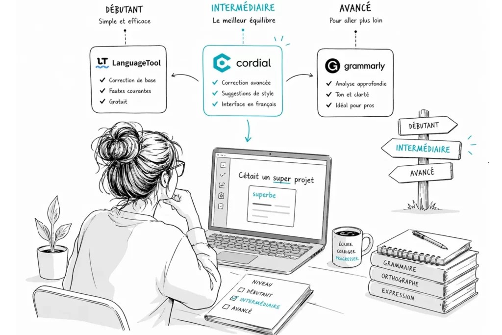 Illustration comparant plusieurs outils de correction orthographique selon le niveau de l’utilisateur débutant, intermédiaire ou avancé