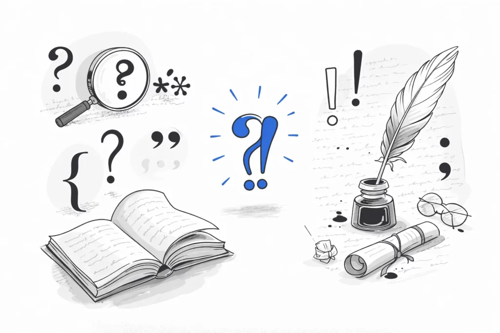 Illustration sur les signes de ponctuation avec points d’interrogation, points d’exclamation et symboles d’écriture