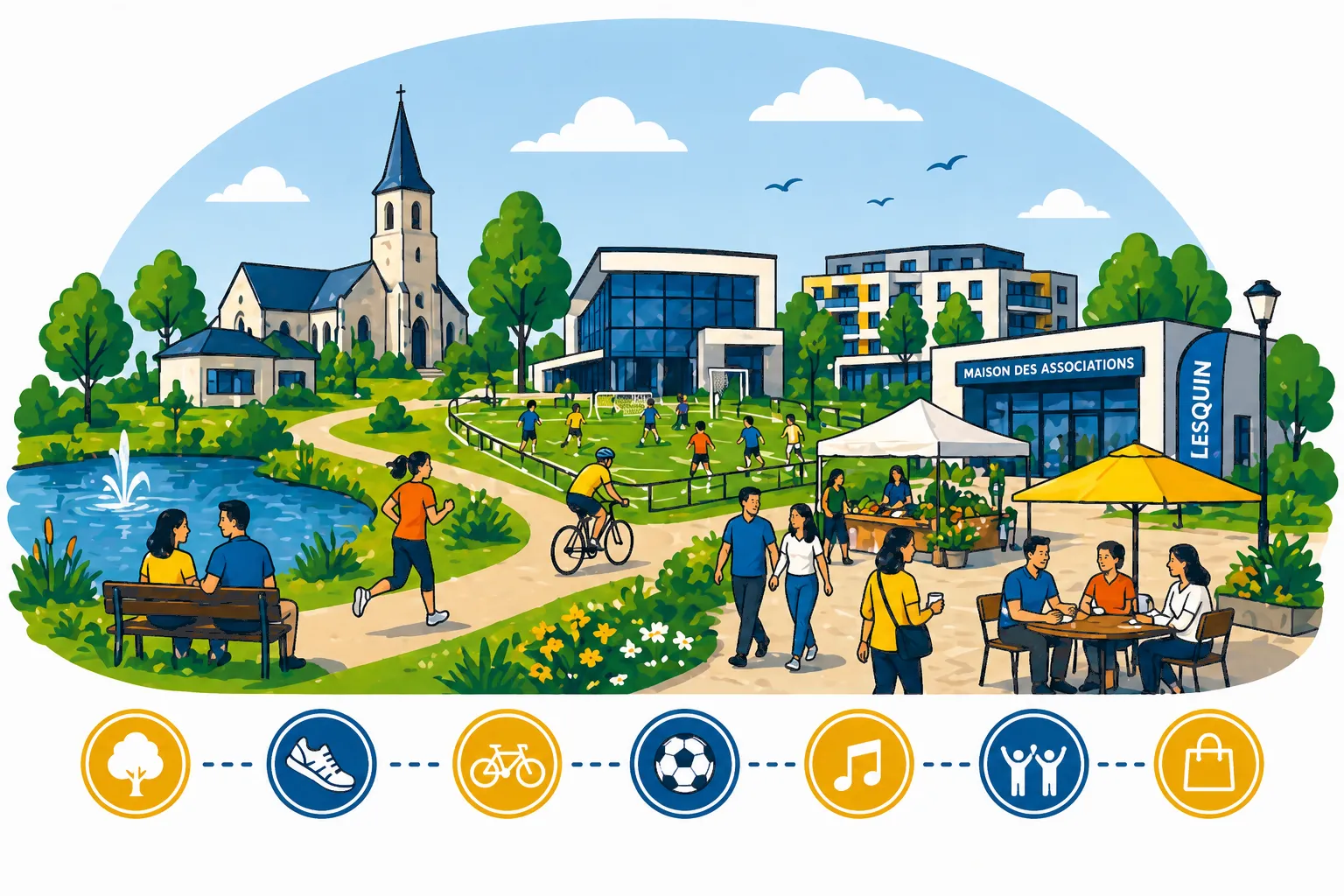 Ville moderne avec parc, loisirs, sport et habitants dans un cadre urbain