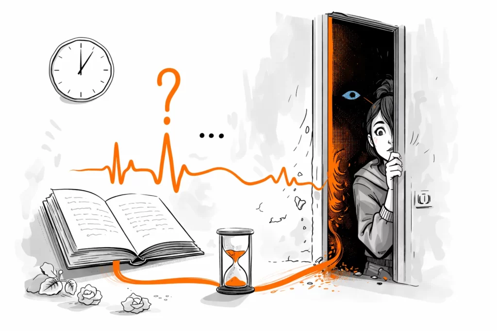 Illustration d’une scène de suspense avec une personne observant une porte mystérieuse, un livre ouvert et une ligne de rythme orange symbolisant la tension narrative