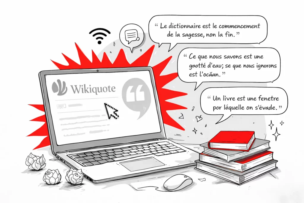 Illustration de Wikiquote mettant en avant des citations célèbres et la diffusion de contenus culturels en ligne