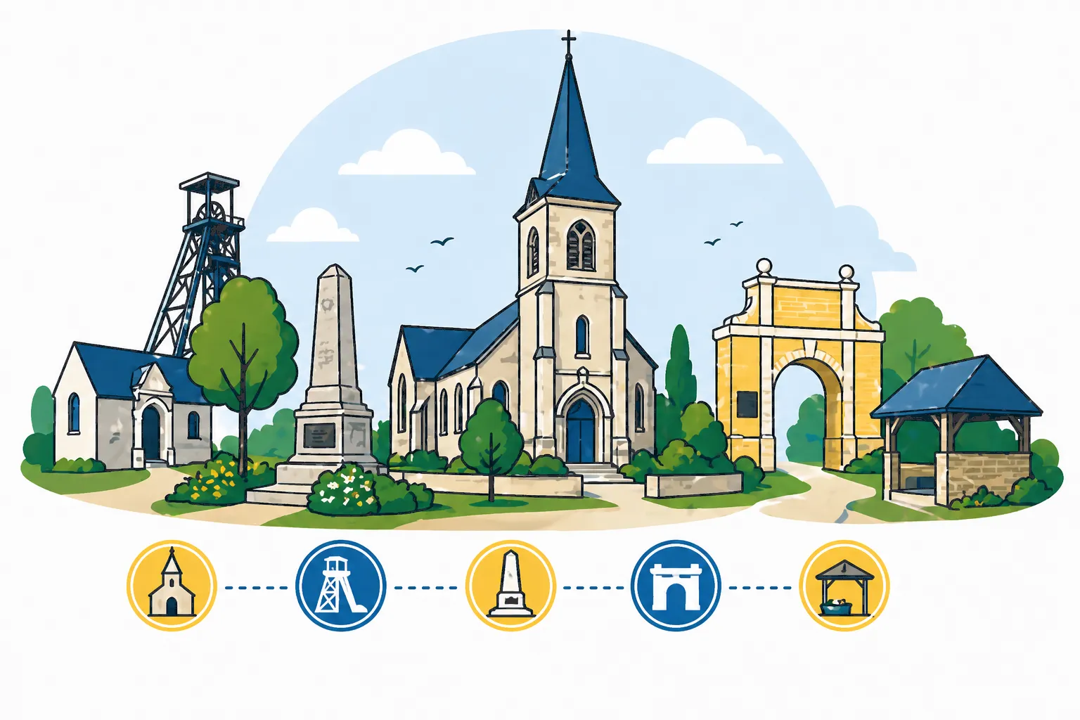 Illustration des monuments historiques de Lesquin avec église et lieux emblématiques